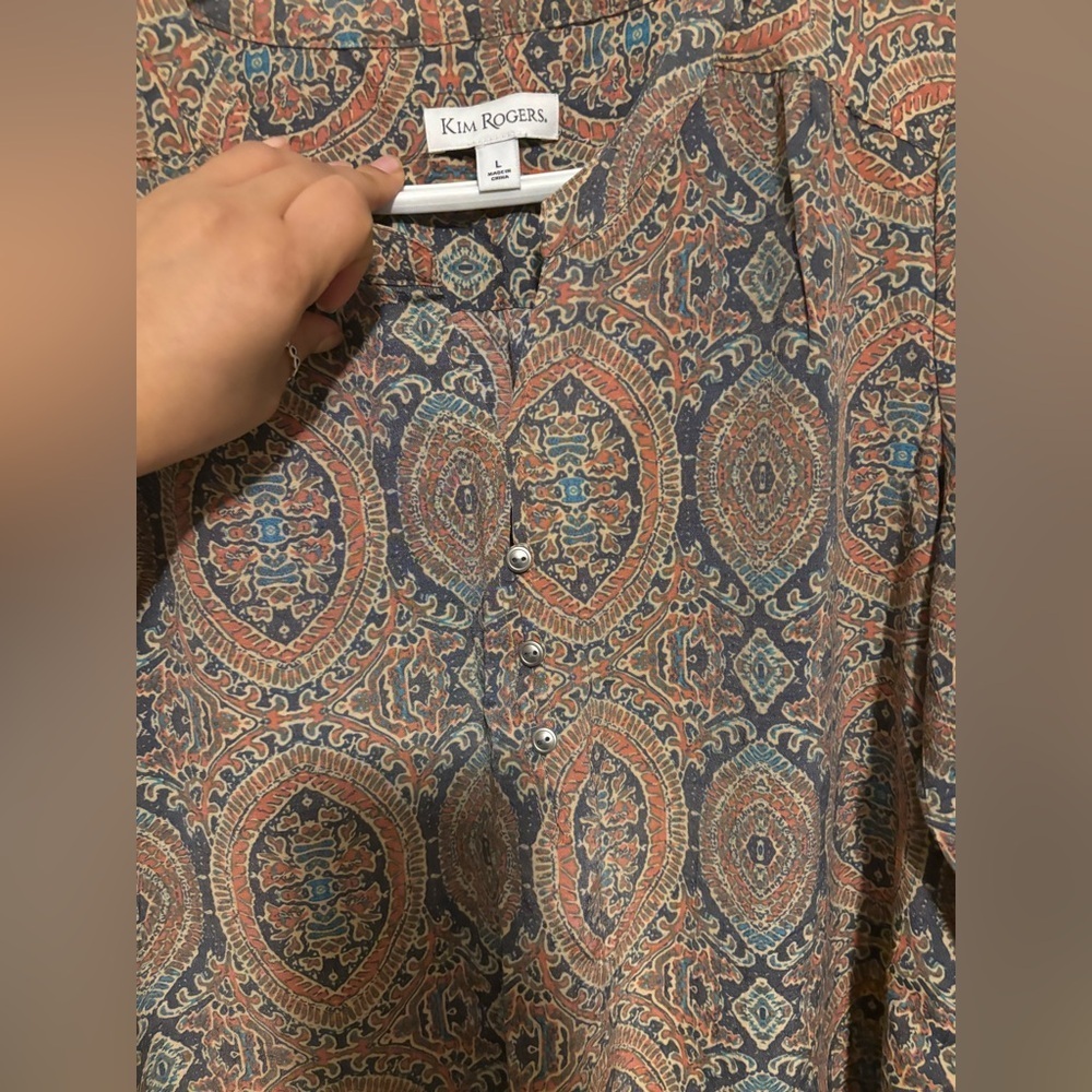 Kim Rogers Paisley Henley Tunic in Rust and Teal 3/4 sleeves Size L Bohemian - Picture 3 of 4